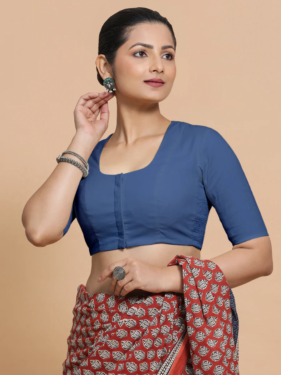 Koel x Rozaana | Elbow Sleeves Saree Blouse in Lapis Blue Plain Cotton - Image 9