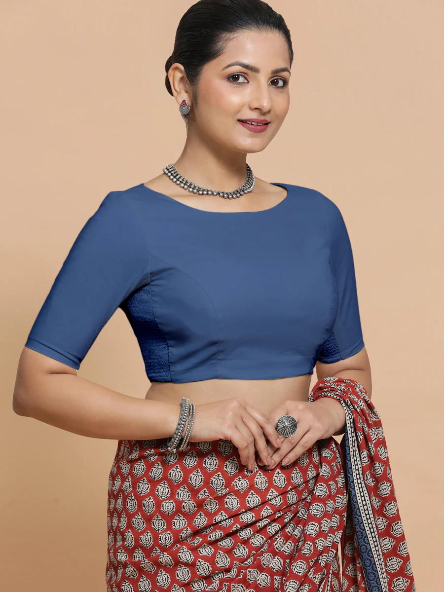 Kumud x Rozaana | Elbow Sleeves Saree Blouse in Lapis Blue Plain Cotton