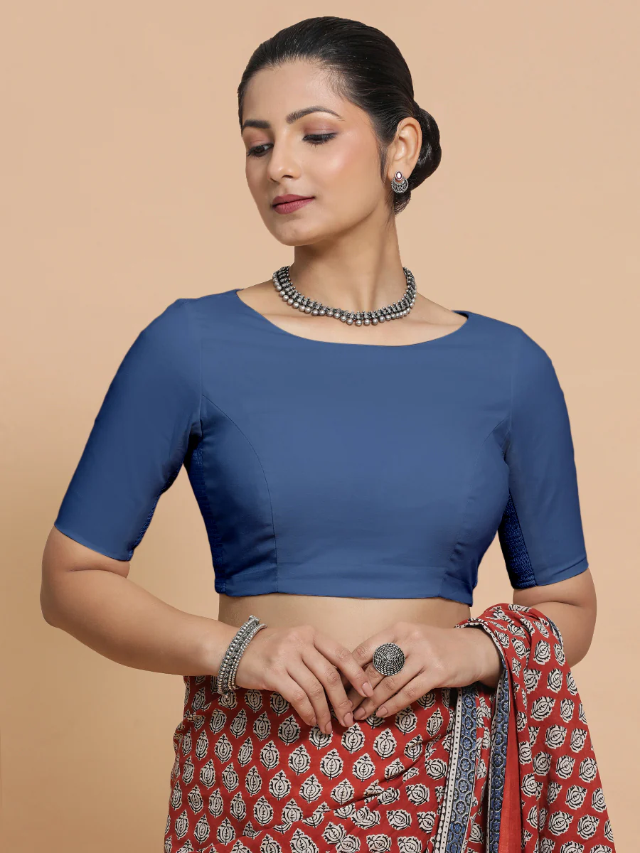 Kumud x Rozaana | Elbow Sleeves Saree Blouse in Lapis Blue Plain Cotton - Image 11