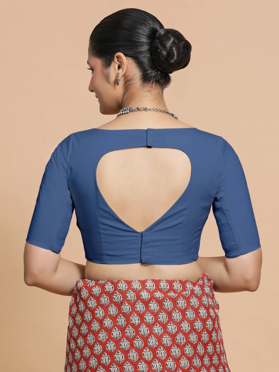 Kumud x Rozaana | Elbow Sleeves Saree Blouse in Lapis Blue Plain Cotton - Image 2
