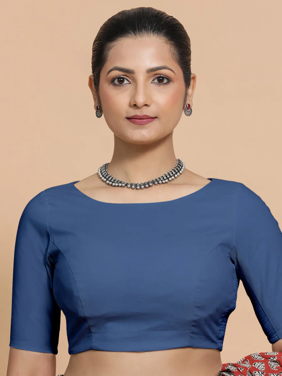 Kumud x Rozaana | Elbow Sleeves Saree Blouse in Lapis Blue Plain Cotton - Image 6
