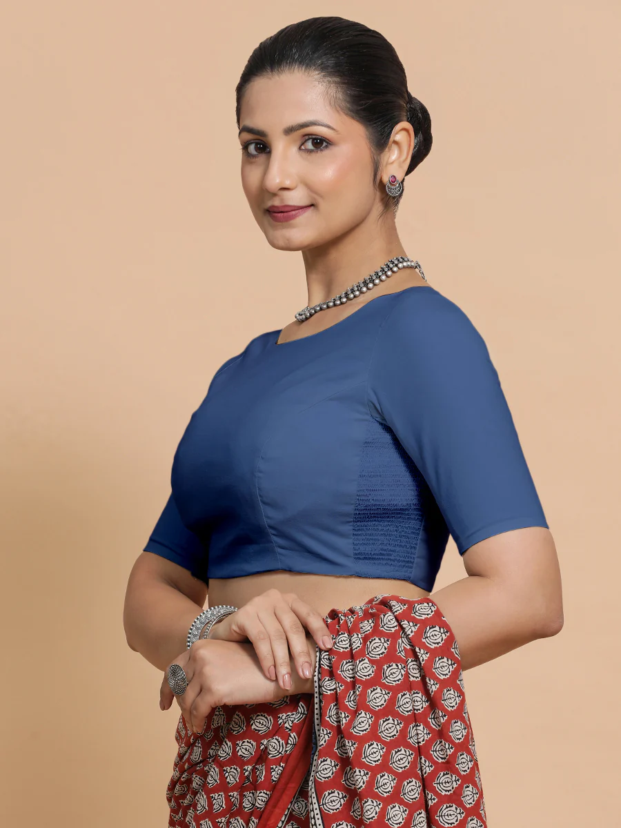 Kumud x Rozaana | Elbow Sleeves Saree Blouse in Lapis Blue Plain Cotton - Image 7