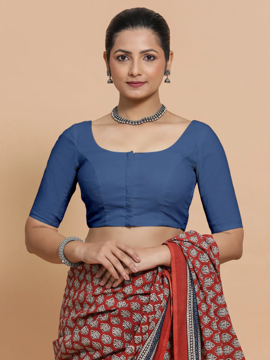 Lahari x Rozaana | Elbow Sleeves Saree Blouse in Lapis Blue Plain Cotton - Image 6