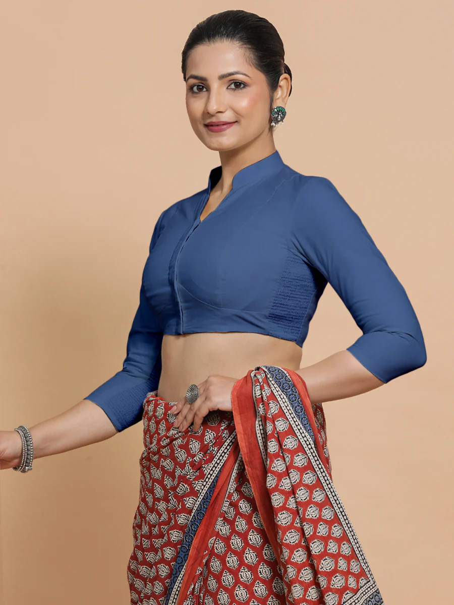 Minal x Rozaana | Three Quarter Sleeves Saree Blouse in Lapis Blue Plain Cotton - Image 9