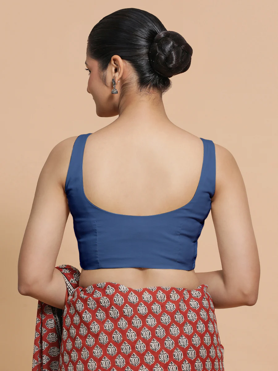 Mohini x Rozaana | Sleeveless Saree Blouse in Lapis Blue Plain Cotton - Image 2