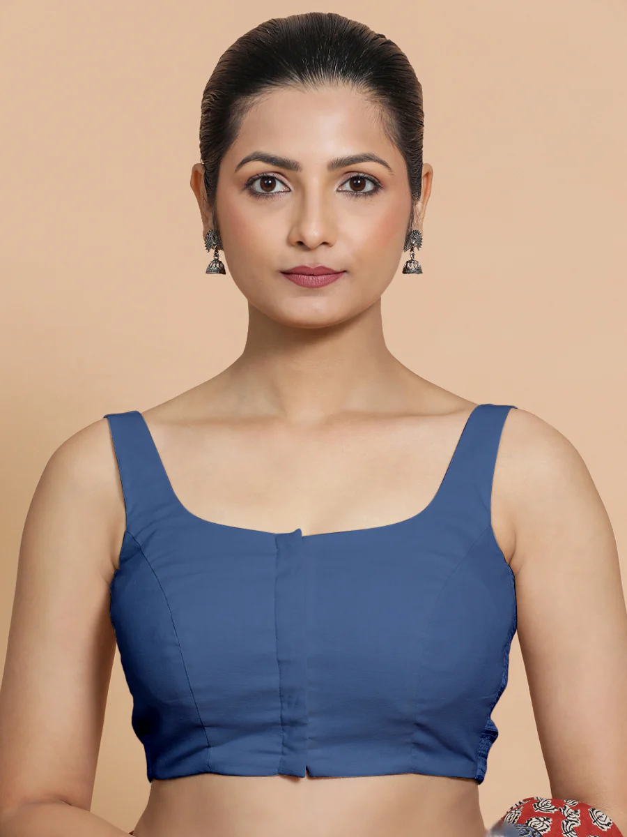 Mohini x Rozaana | Sleeveless Saree Blouse in Lapis Blue Plain Cotton - Image 4