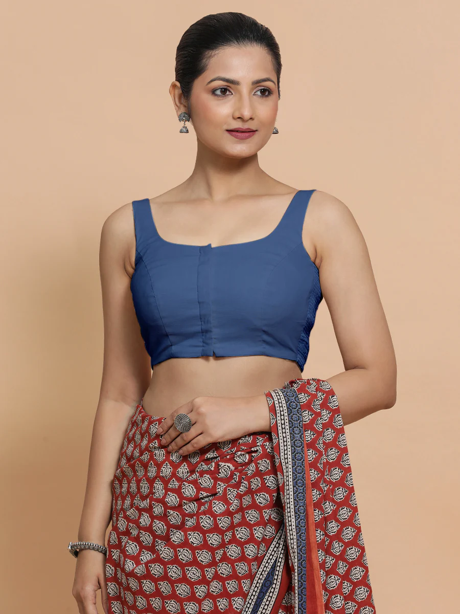 Mohini x Rozaana | Sleeveless Saree Blouse in Lapis Blue Plain Cotton - Image 5