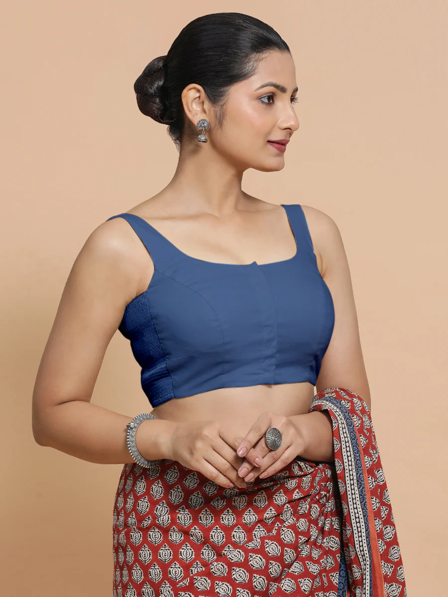 Mohini x Rozaana | Sleeveless Saree Blouse in Lapis Blue Plain Cotton - Image 9