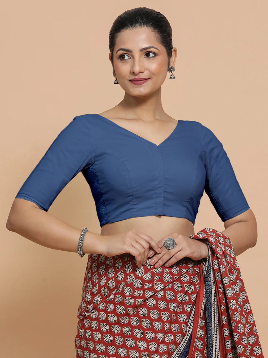 Pragya x Rozaana | Elbow Sleeves Saree Blouse in Lapis Blue Plain Cotton - Image 11