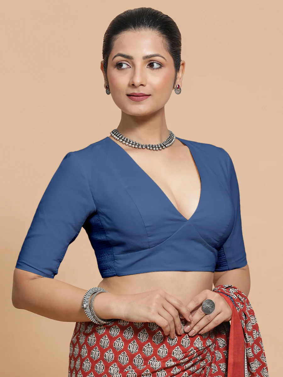 Riddhima x Rozaana | Elbow Sleeves Saree Blouse in Lapis Blue Plain Cotton - Image 11