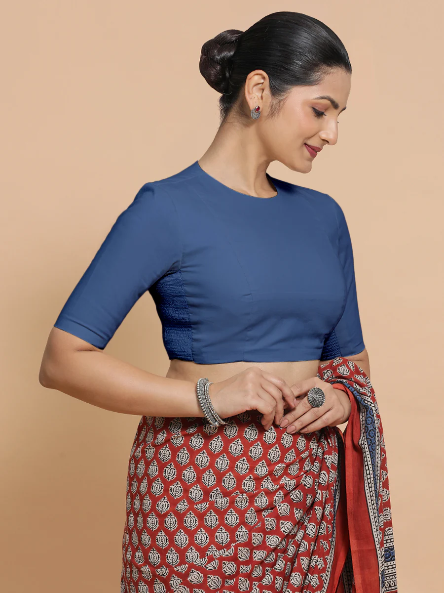 Suhana x Rozaana | Elbow Sleeves Saree Blouse in Lapis Blue Plain Cotton - Image 10