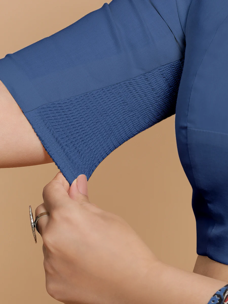 Suhana x Rozaana | Elbow Sleeves Saree Blouse in Lapis Blue Plain Cotton - Image 4