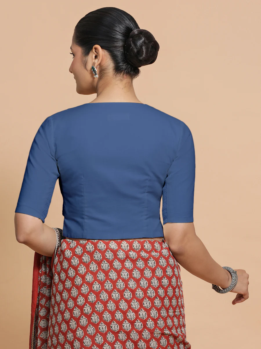 Tejasvi x Rozaana | Elbow Sleeves Saree Blouse in Lapis Blue Plain Cotton - Image 2