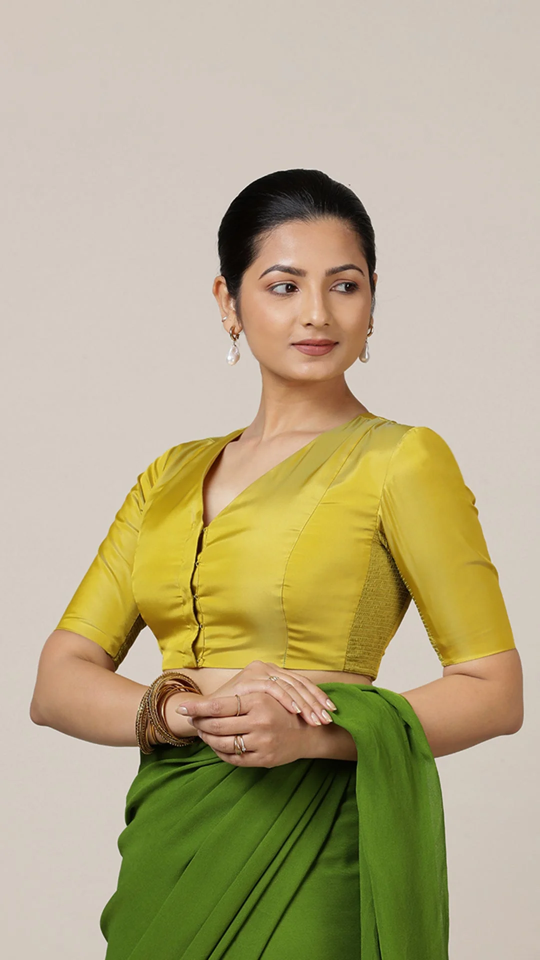 Begum x Rozaana | Elbow Sleeves Saree Blouse in Lemon Yellow - Image 6