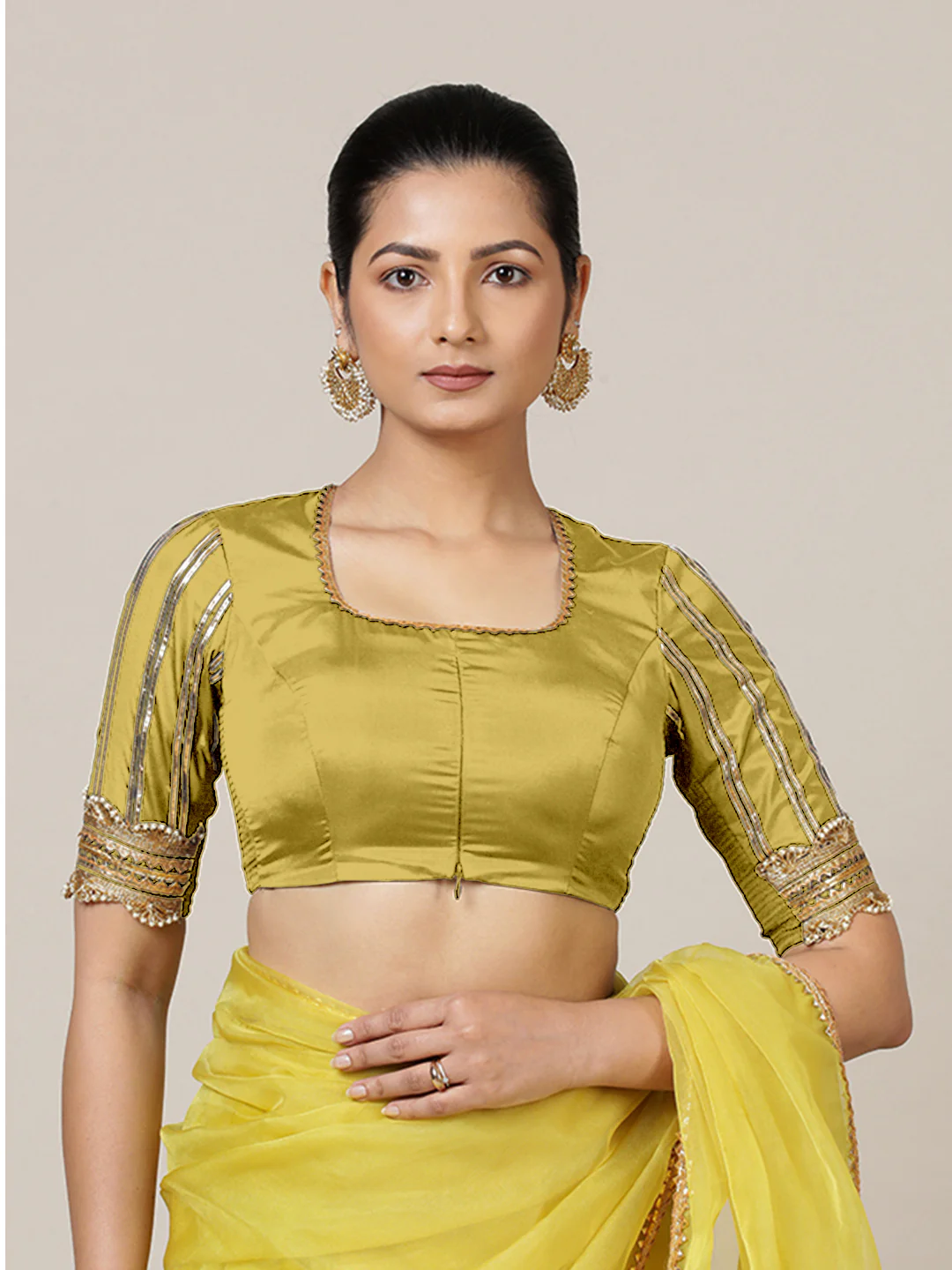 Aziza x Tyohaar | Elbow Sleeves Saree Blouse in Lemon Yellow - Image 7