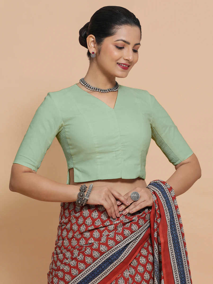 Chaya x Rozaana | V-Neck Light Sage Plain Cotton Saree Blouse - Image 6