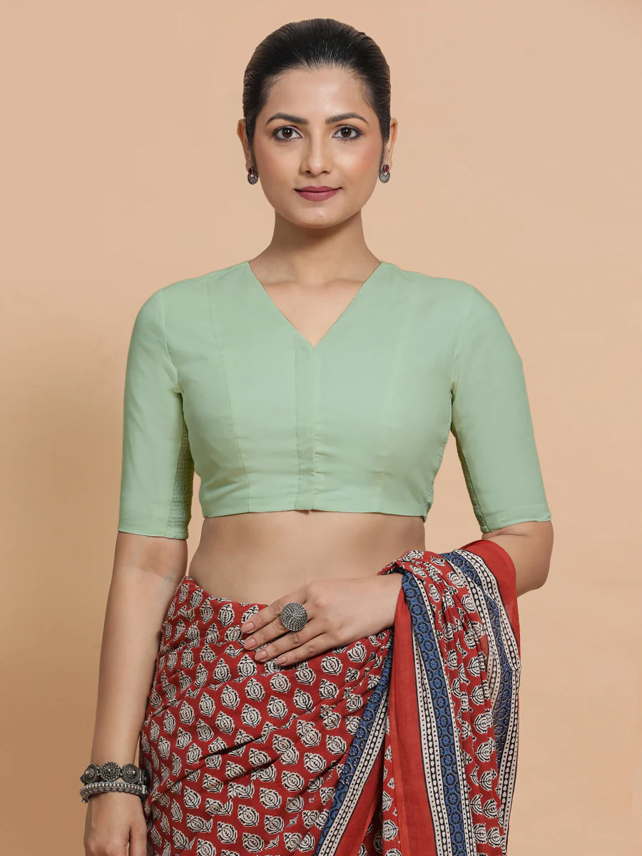 Garima x Rozaana | V-Neck Light Sage Plain Cotton Saree Blouse - Image 7