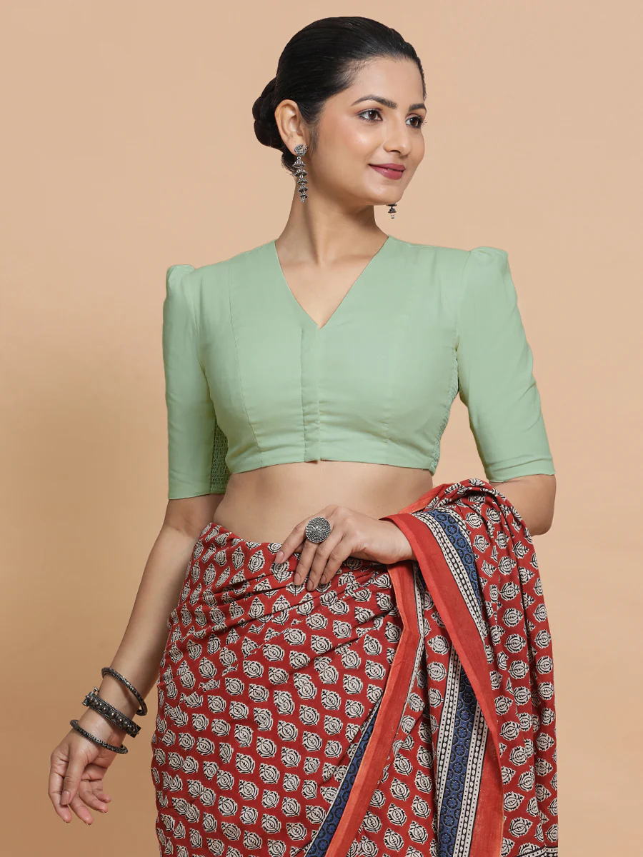 Kriti x Rozaana | V-Neck Light Sage Plain Cotton Saree Blouse