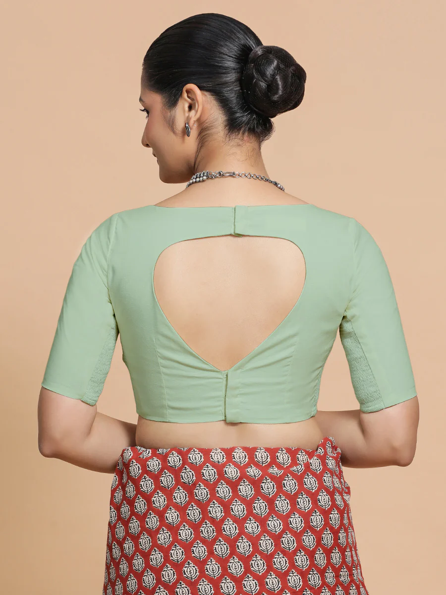 Kumud x Rozaana | Boat Neck Light Sage Plain Cotton Saree Blouse - Image 2