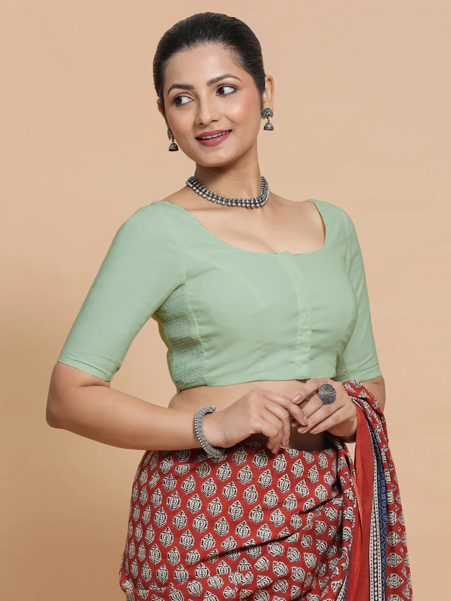 Lahari x Rozaana | Round Neck Light Sage Plain Cotton Saree Blouse - Image 10