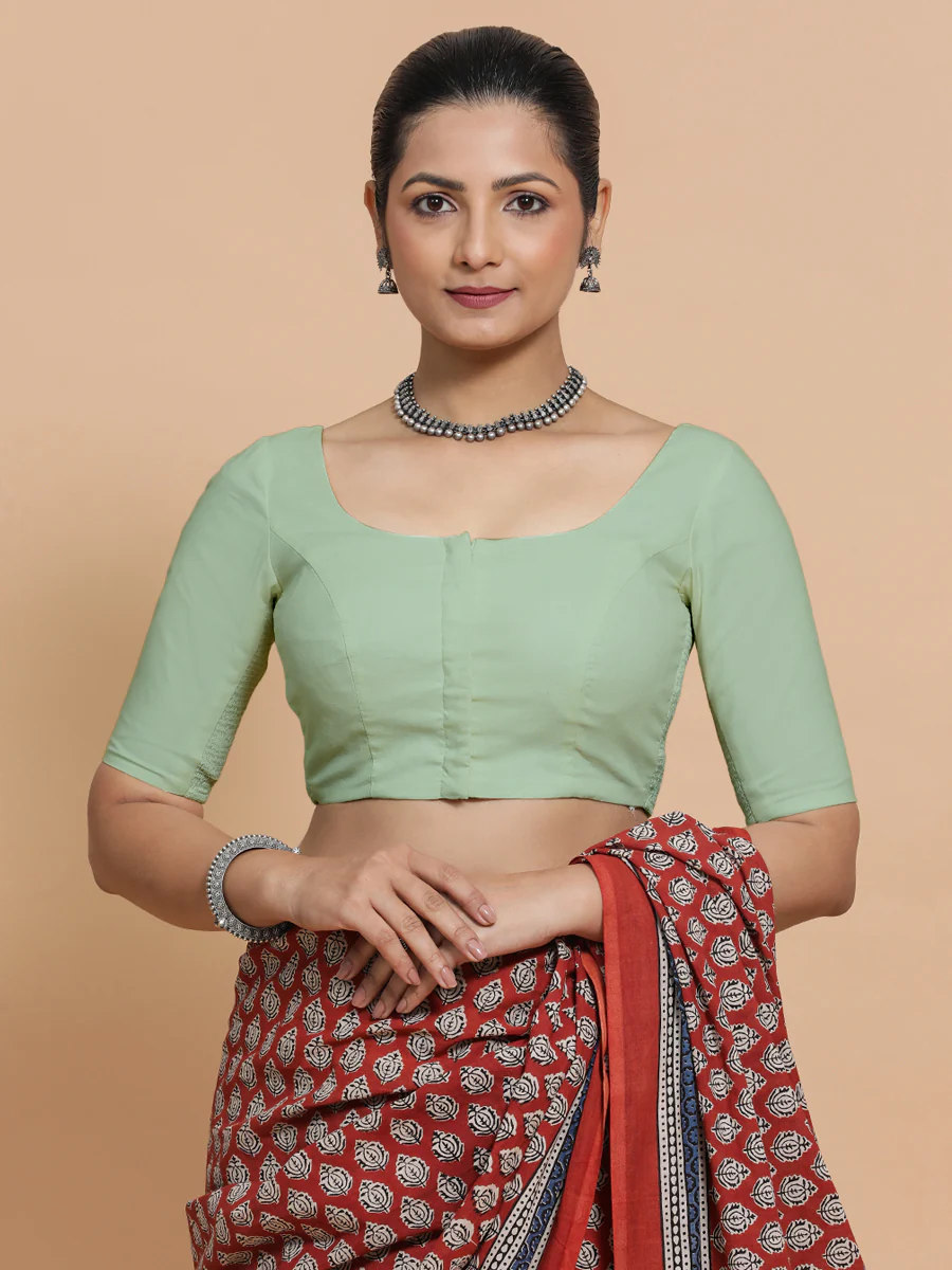 Lahari x Rozaana | Round Neck Light Sage Plain Cotton Saree Blouse - Image 2