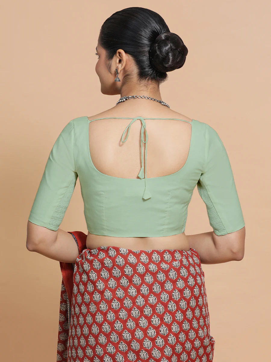 Lahari x Rozaana | Round Neck Light Sage Plain Cotton Saree Blouse - Image 3