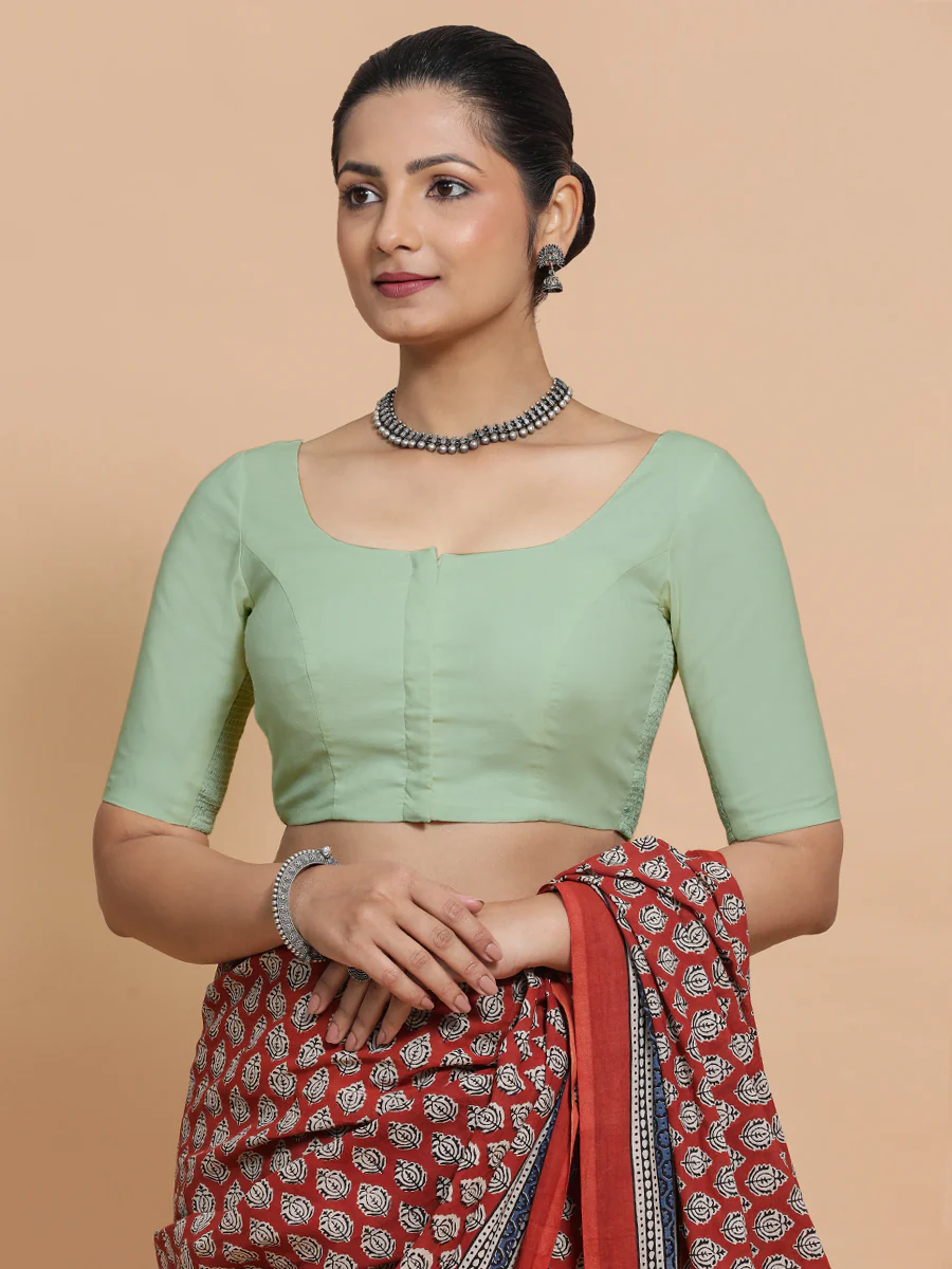Lahari x Rozaana | Round Neck Light Sage Plain Cotton Saree Blouse - Image 7