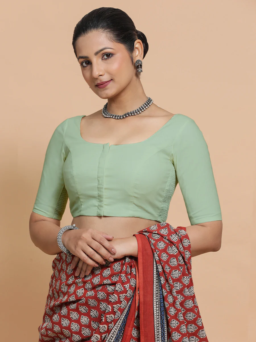 Lahari x Rozaana | Round Neck Light Sage Plain Cotton Saree Blouse - Image 8