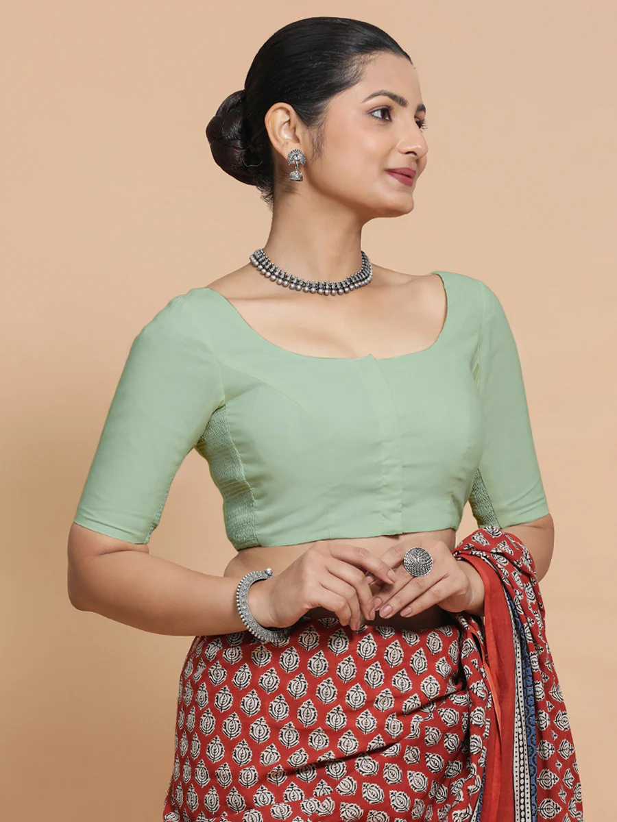 Lahari x Rozaana | Round Neck Light Sage Plain Cotton Saree Blouse - Image 9