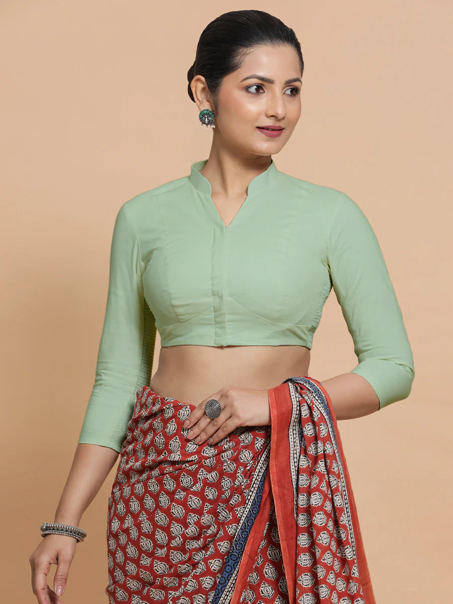 Minal x Rozaana | Mandarin Collar Light Sage Plain Cotton Saree Blouse - Image 5