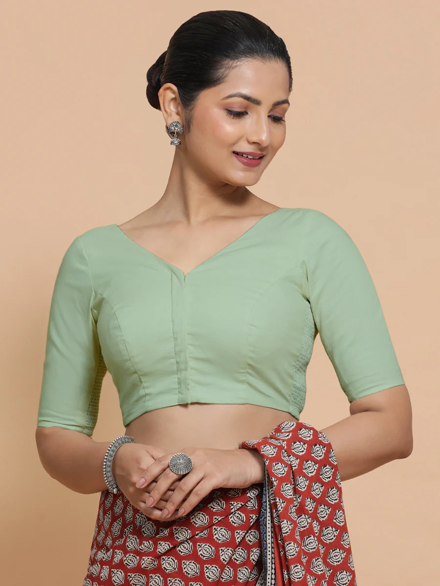 Pragya x Rozaana | V-Neck Light Sage Plain Cotton Saree Blouse - Image 5