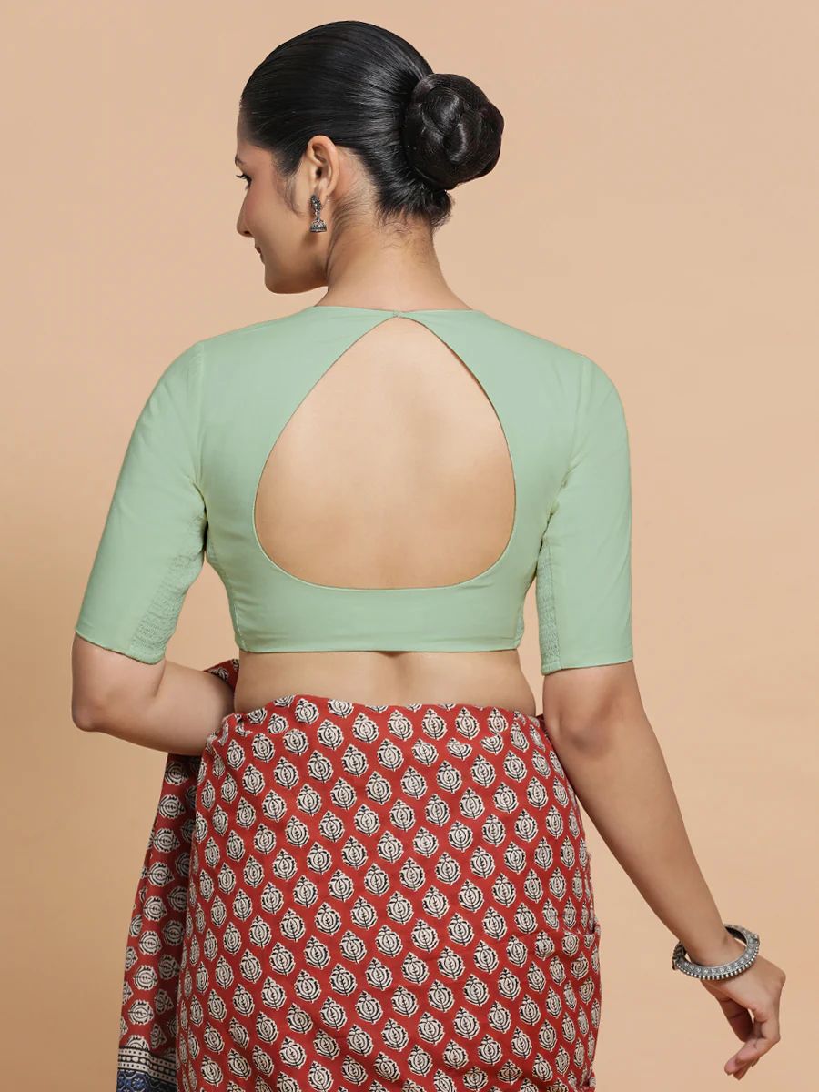 Sajal x Rozaana | Pot Neck Light Sage Plain Cotton Saree Blouse - Image 2