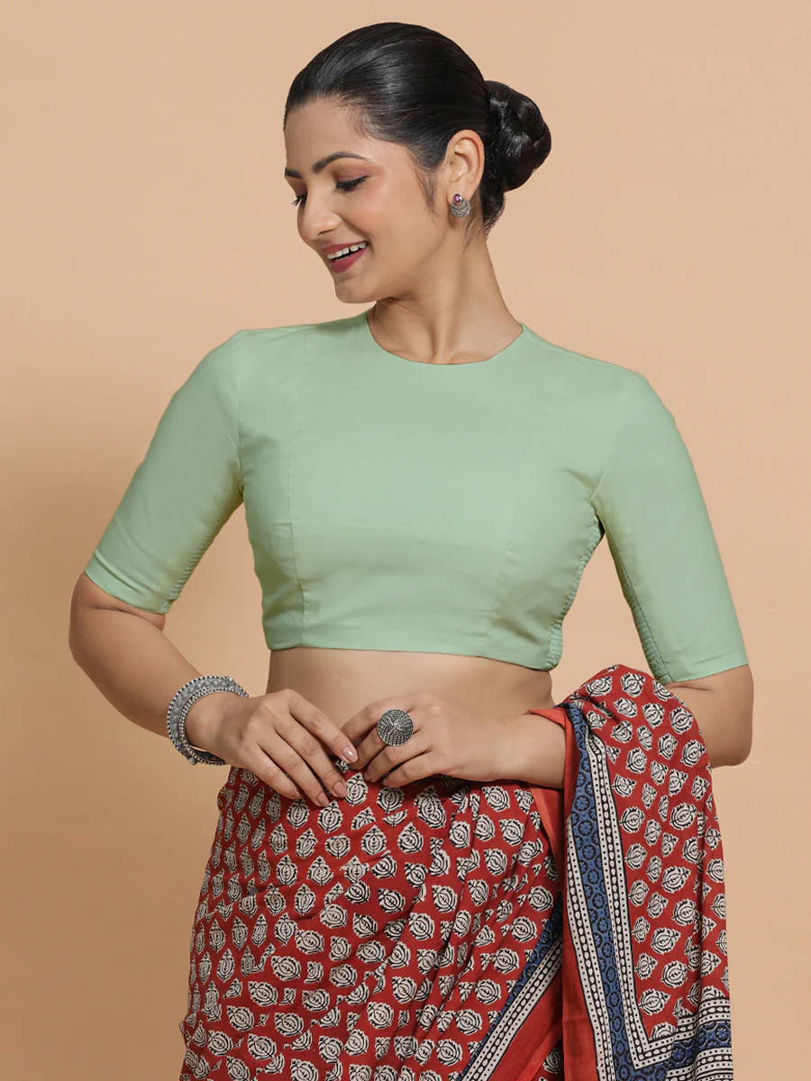 Suhana x Rozaana | Jewel Neck Light Sage Plain Cotton Saree Blouse