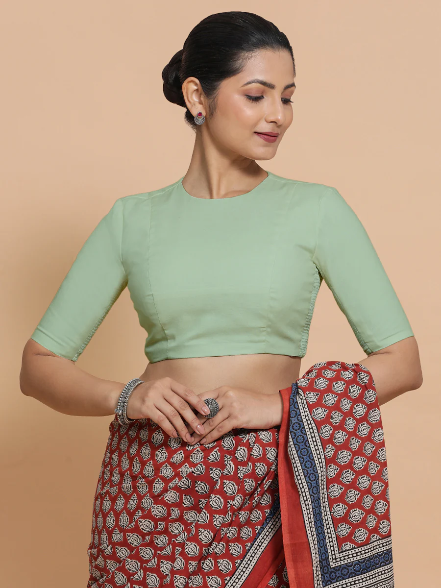 Suhana x Rozaana | Jewel Neck Light Sage Plain Cotton Saree Blouse - Image 10