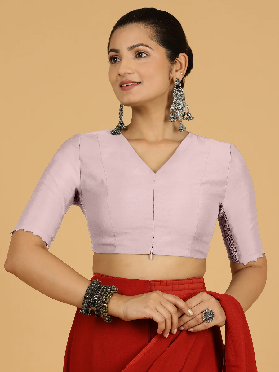 Divya x Rozaana | Elbow Sleeves Saree Blouse in Lilac - Image 8