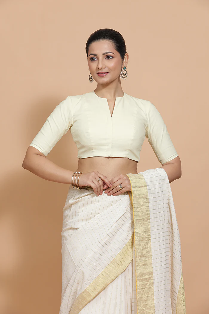 Kinal x Rozaana | Elbow Sleeves Saree Blouse in Chalk White Linen - Image 8