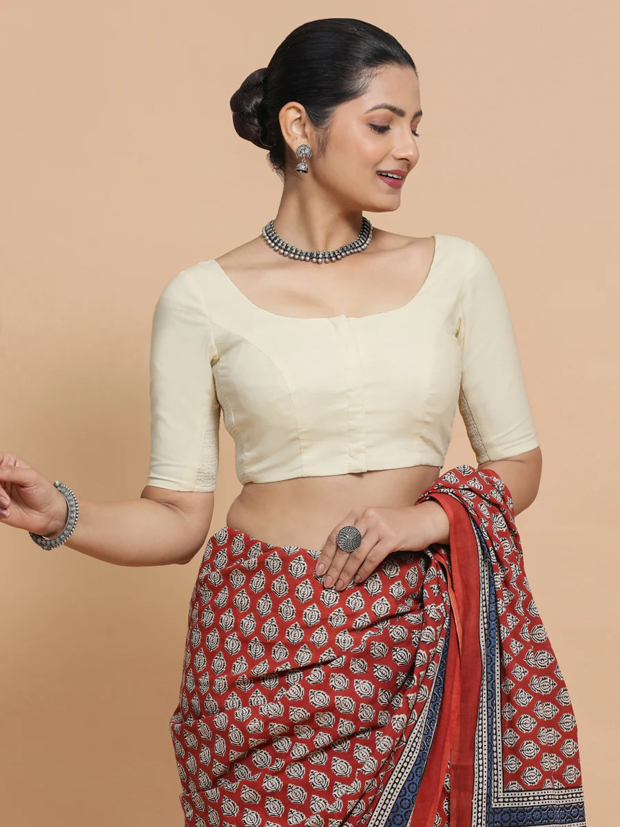 Mithali x Rozaana | Elbow Sleeves Saree Blouse in Chalk White Linen - Image 5