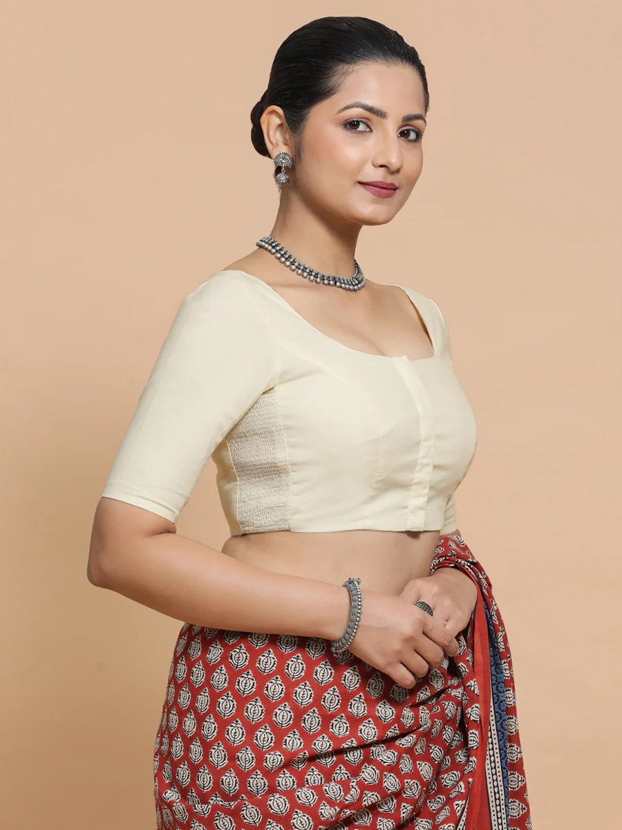 Mithali x Rozaana | Elbow Sleeves Saree Blouse in Chalk White Linen - Image 9