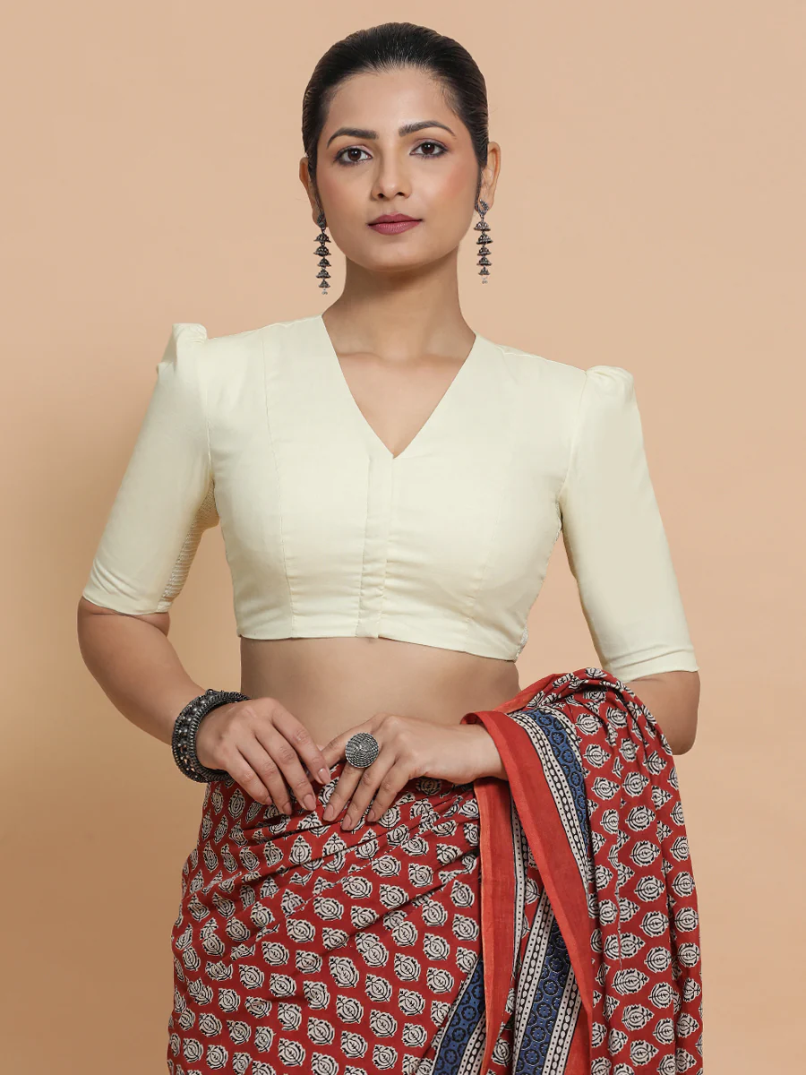 Rima x Rozaana | Puff Sleeves Saree Blouse in Chalk White Linen