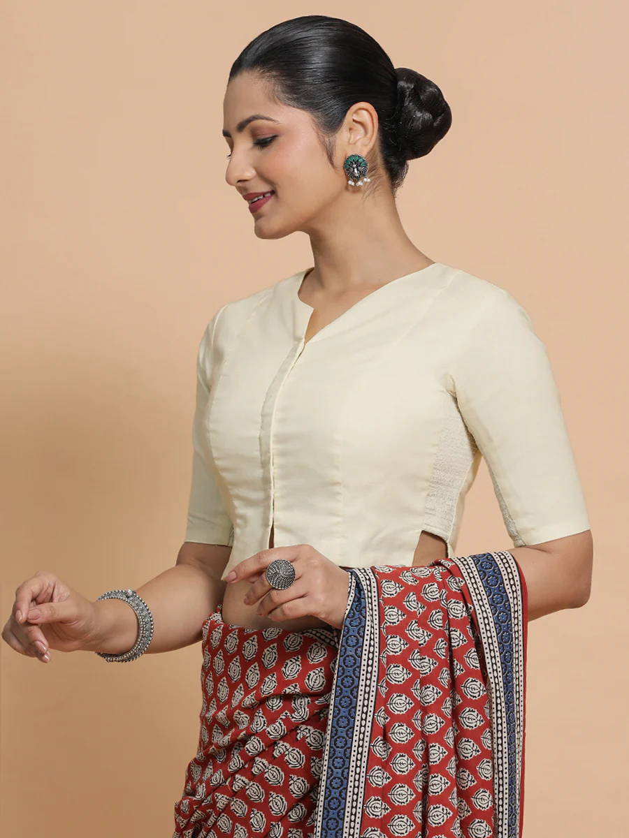 Seema x Rozaana | Elbow Sleeves Saree Blouse in Chalk White Linen - Image 10