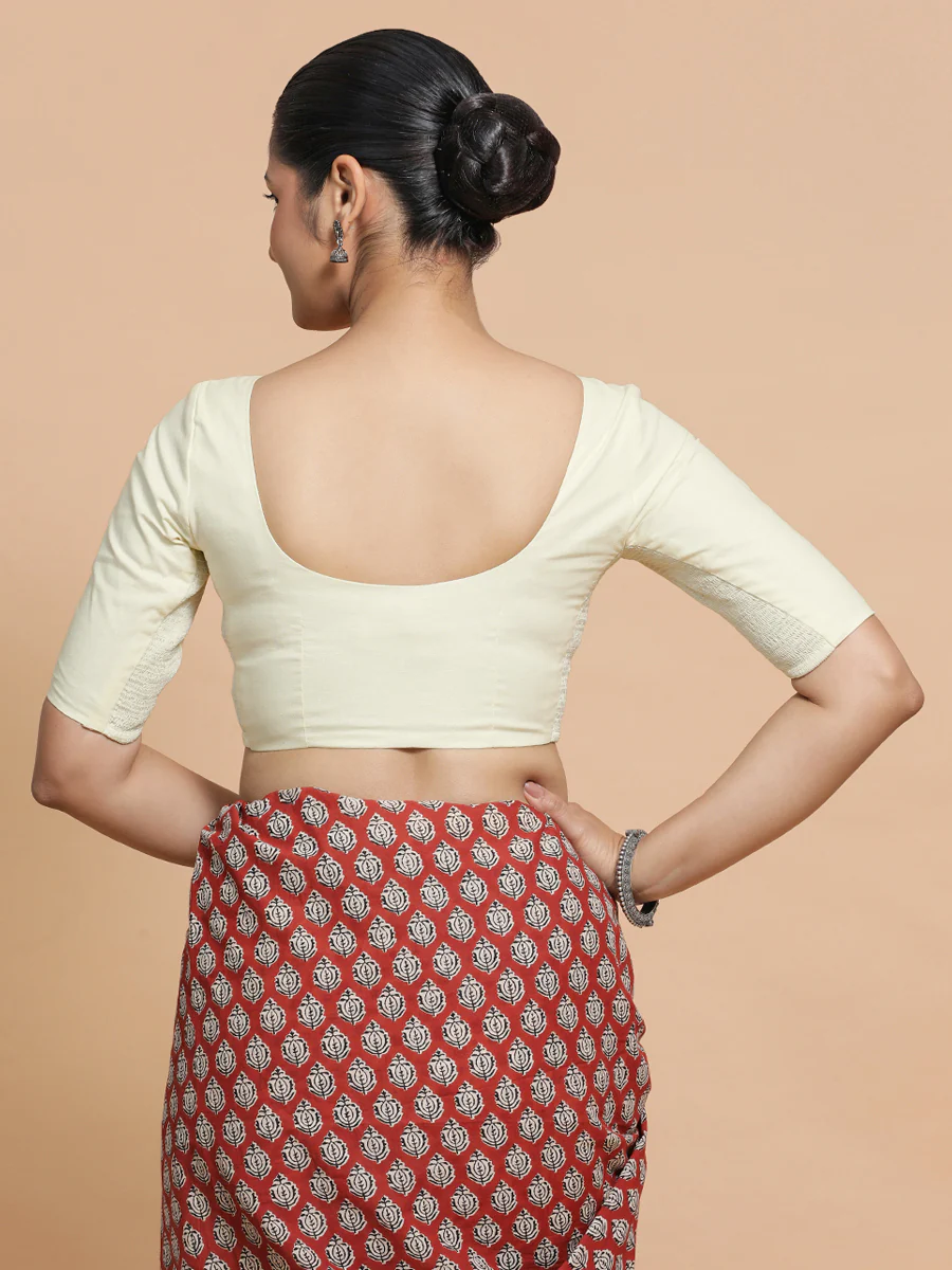 Sonia x Rozaana | Elbow Sleeves Saree Blouse in Chalk White Linen - Image 2