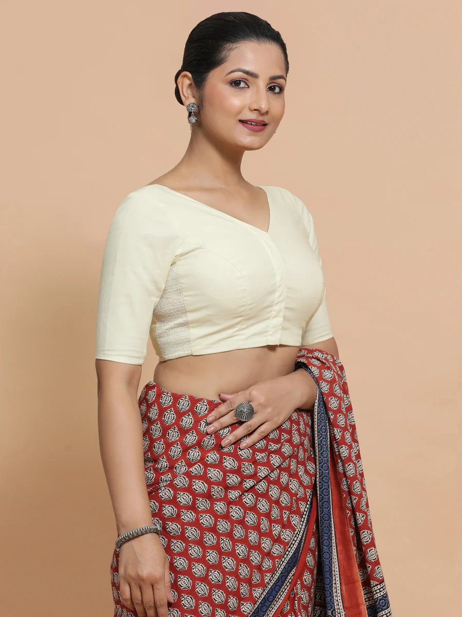 Sonia x Rozaana | Elbow Sleeves Saree Blouse in Chalk White Linen - Image 7