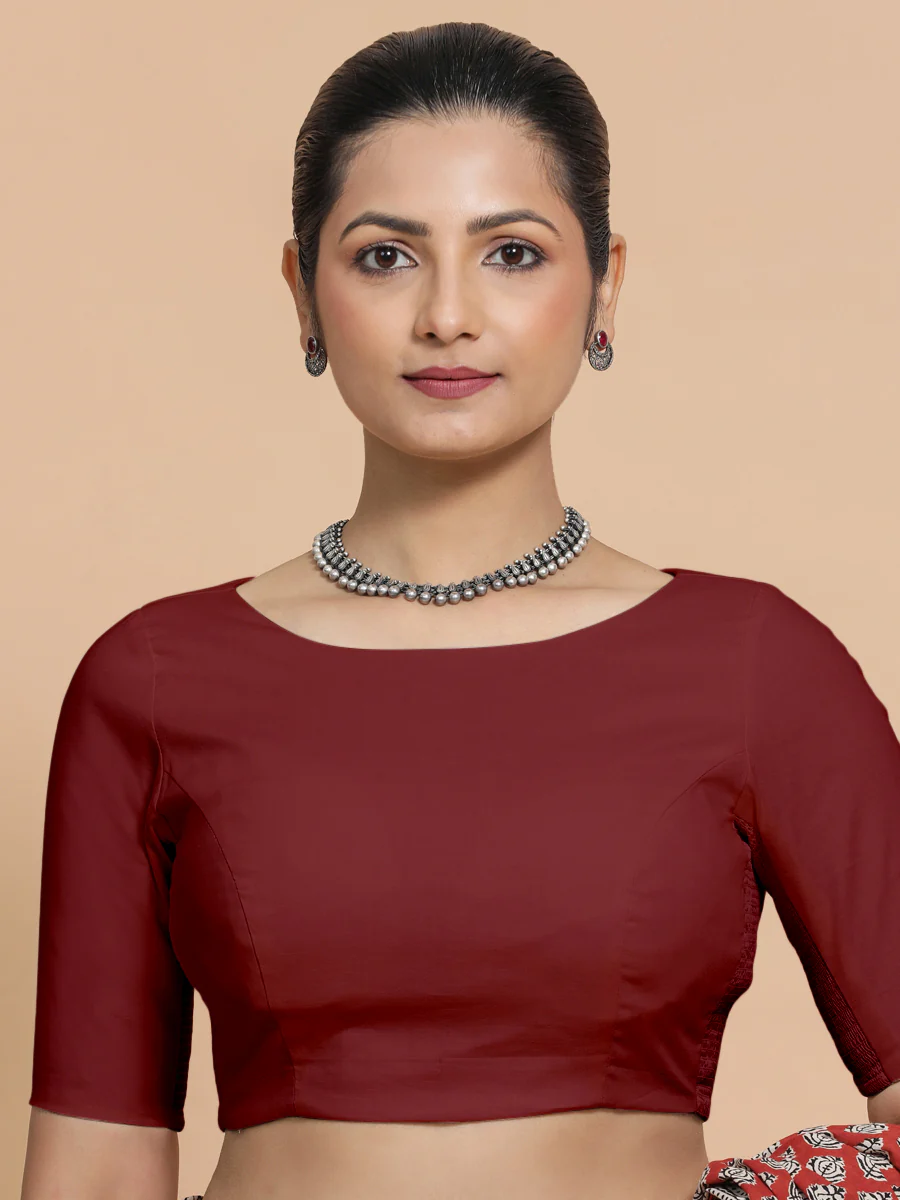 Alka x Rozaana | Boat Neck Saree Blouse in Cranberry Red Linen - Image 11
