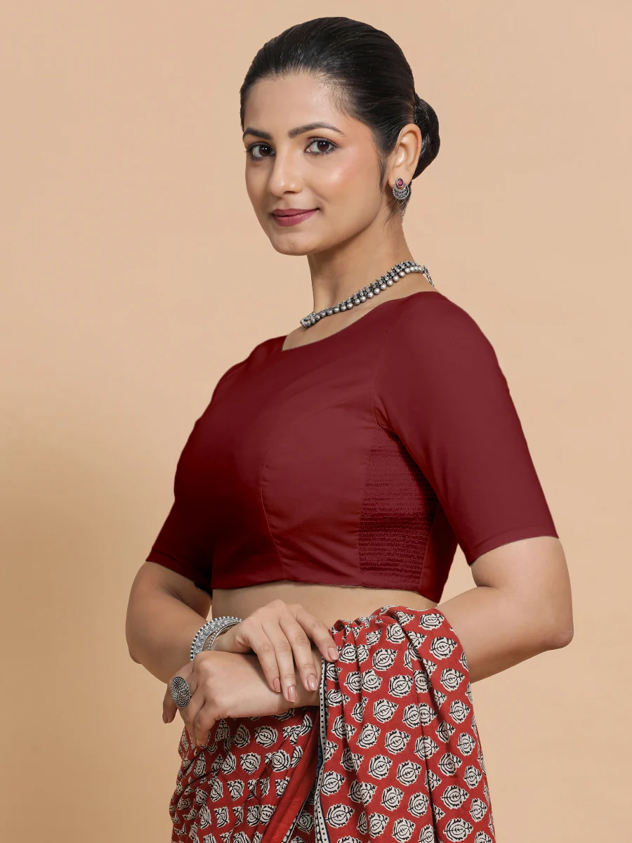 Alka x Rozaana | Boat Neck Saree Blouse in Cranberry Red Linen - Image 6