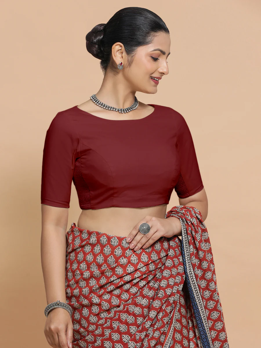 Alka x Rozaana | Boat Neck Saree Blouse in Cranberry Red Linen - Image 8