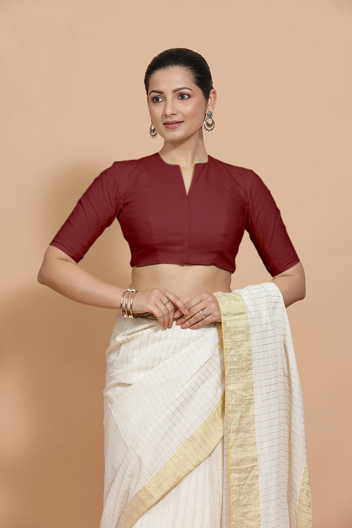 Kinal x Rozaana | Elbow Sleeves Saree Blouse in Cranberry Red Linen