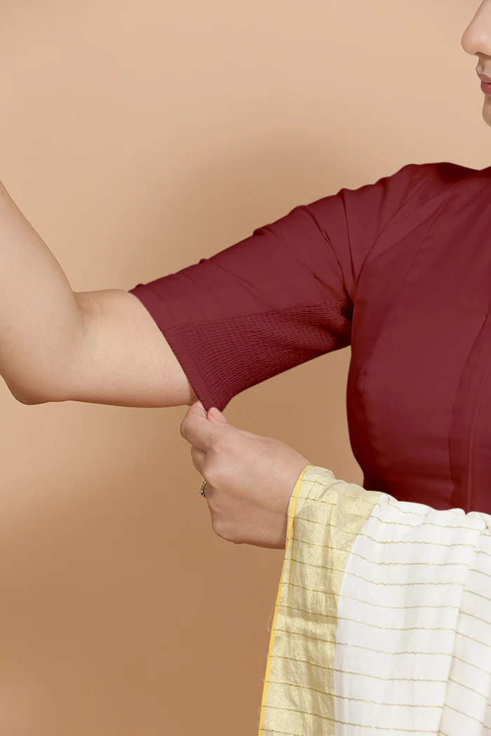 Kinal x Rozaana | Elbow Sleeves Saree Blouse in Cranberry Red Linen - Image 4