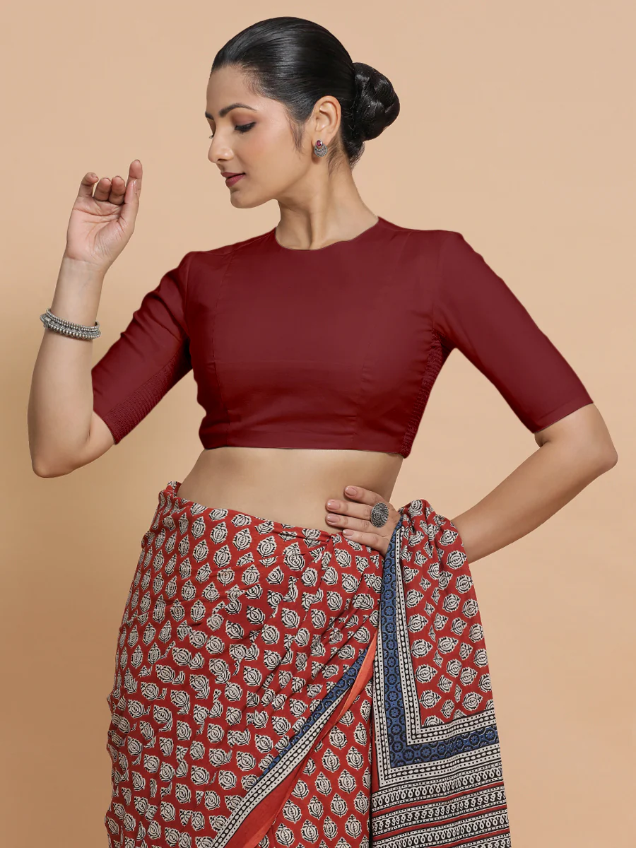 Lara x Rozaana | Jewel Neck Saree Blouse in Cranberry Red Linen