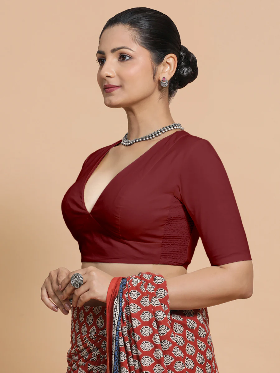 Malika x Rozaana | Deep Neck Saree Blouse in Cranberry Red Linen - Image 10