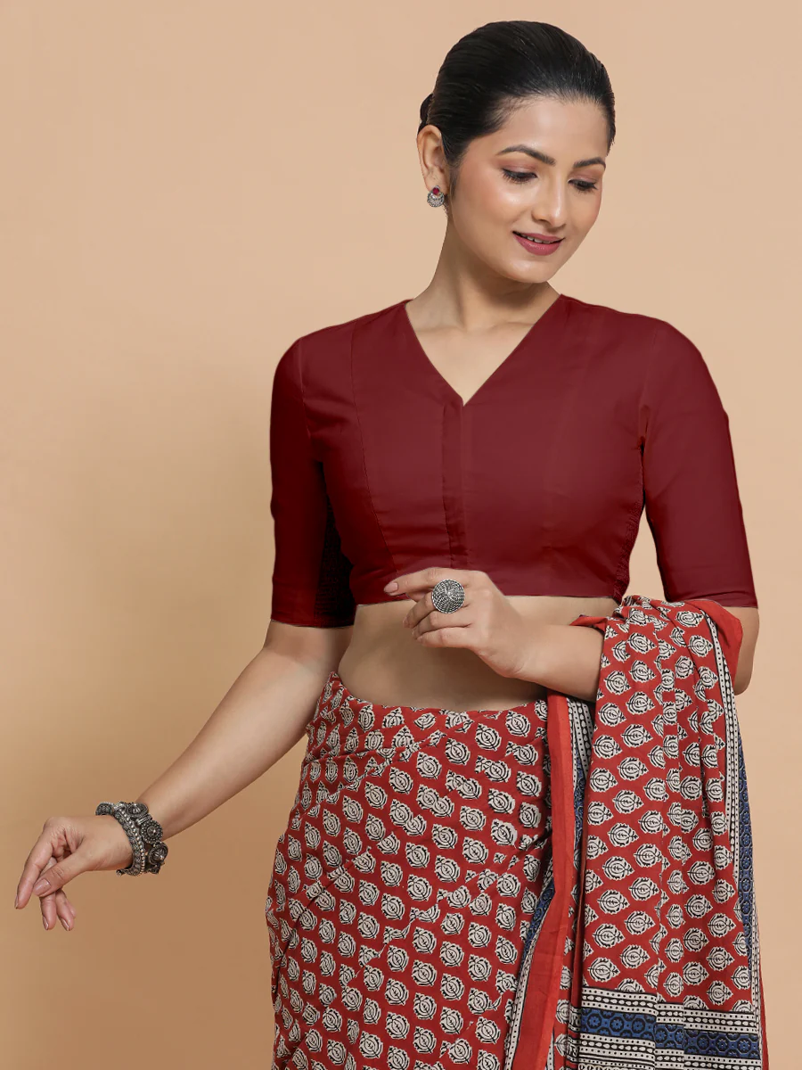 Nalani x Rozaana | Elbow Sleeves Saree Blouse in Cranberry Red Linen - Image 7
